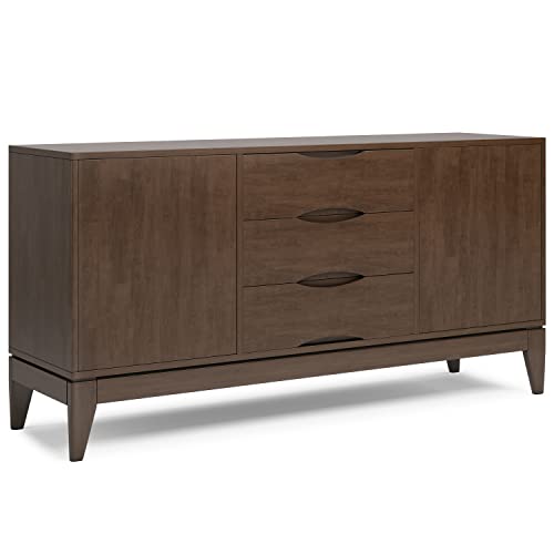 SIMPLIHOME Harper Buffet - 60 inch Wide Solid Hardwood 3-Door Sideboard Buffet in Walnut Brown, Mid-Century Modern Storage Cabinet for Dining Room or Kitchen with Adjustable Shelves and Tapered Legs