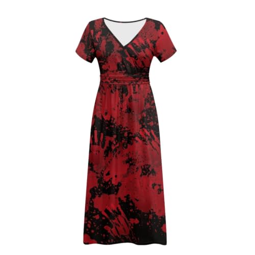 Image of Women's Fall Summer Short Sleeve Ankle Length V-Neck Party Dress with Pockets Size S-3XL