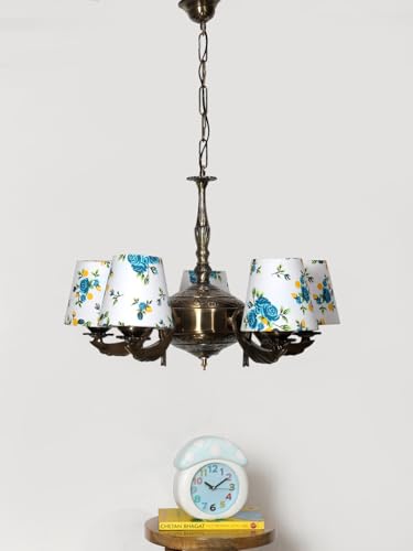 Image of Devansh 05-Light Printed Conical Multicolor Cotton Shade Chandelier - Antique Golden Finish | Adjustable Cord | Warm Glow Lamp - Ceiling Light for Living Room, Dining Area, BedroomDecor - D8