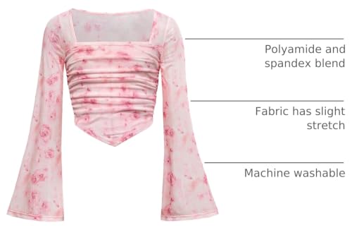 Image of Floerns Girls Bell Long Sleeve Square Neck Asymmetrical Hem Mesh Ruched Crop Tops Tees