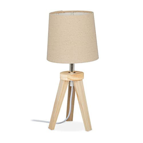 Relaxdays Lampe de chevet à 3 pieds, petite, bois et tissu, E14, design scandinave, HxD : 31 x 14 cm, nature, beige