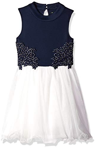 My Michelle Girls' Big Sleeveless Party Dress with Crochet and Tulle, Navy/Ivory, 10