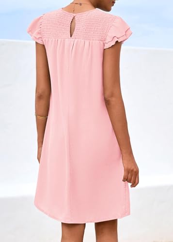 Image of KIRUNDO Wedding Guest Shift Dresses for Women Short Spring Summer Ruffle Cap Sleeve Chiffon Babydoll Flowy Mini Sundress