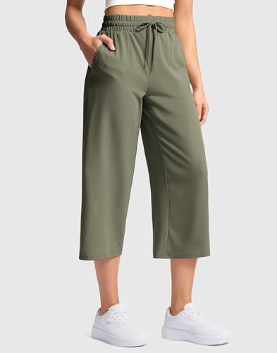 Soothfeel Women's Capri Pants Loose High Waisted Wide Leg Lightweight Travel Hiking Pants for Women Casual Summer with Pocket Olive Green L2