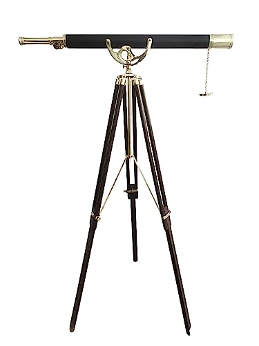 NAVIROCK Maritime Antique Floor Standing Brass & Leather Telescope Adjustable Wooden Tripod Stand Shiny Brass Finish Home Decor