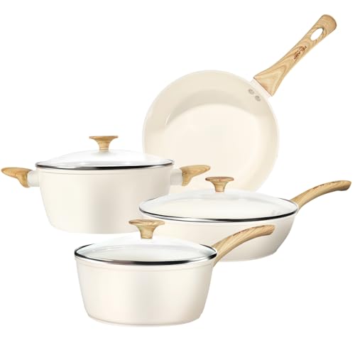 Image of FELAMP Nonstick Ceramic Cookware Set, Cream White Non-Toxic Pots and Pans Set, PFOA-Free, Induction Compatible, Scratch-Resistant, Stay-Cool Handles, Dishwasher Safe,Healthy Cooking Pan