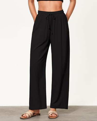 GRAPENT Linen Pants for Women Wide Leg High Waisted Baggy Drawstring Elastic Waist Palazzo Trousers Pants with Pockets3