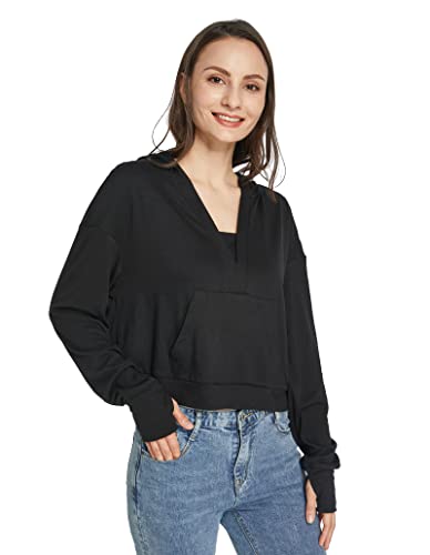 Westkun Sudaderas Mujer con Capucha Crop Top Hoodie de Manga Larga Talla Grande Deportivo Casual Suelto Oversize Pullover Tops Camiseta con Bolsillo y Agujeros para Los Pulgares(Negro-Crop,S) Cover