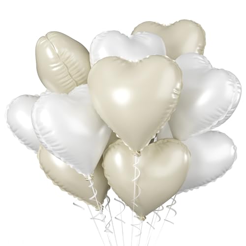Image of Biapian Cream Heart Balloons, 18 Inch Sand White Heart Shape Balloons Foil, 10 Pcs Beige Heart Balloons and White Foil Balloons Helium for Valentines Day Boho Birthday Wedding Baby Shower Decorations