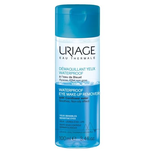 Uriage Waterproof-Augen-Make-up-Entferner mit KORNBLÜTENWASSER - Entfernt sanft wasserfestes Make-up und macht die Haut weich und nicht klebrig - Parfümfrei - Augenärztlich Getestet - 100ml