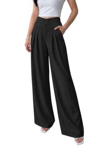 THE FEBZA Women’s Cotton Trousers for Women | Korean Wide Leg Pants for Women | High Waist Loose Fit Palazzo Pants | Casual Formal Office Wear Bottoms(1725_BK_L) Black Deal