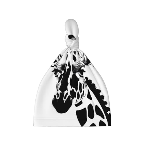 Newborn Baby Hat, Black and White Giraffe Print Soft Top Knot Beanie Cap, Cute Baby Headwear for 0-6 Months