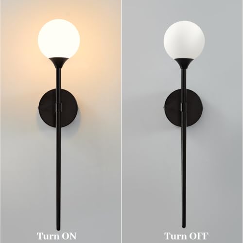 Image of Single Black Globe Glass Wall Sconce with Milk White Glass Shade