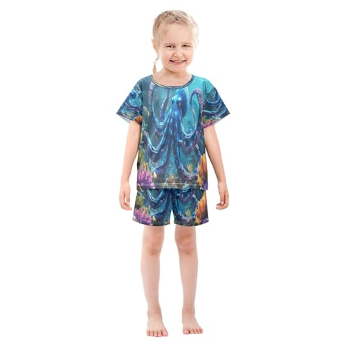 ALAZA Blue Octopus Shark Coral Reef Pajamas Set Short Sleeve Cotton Sleepwear Summer Pjs 2 Piece 5-14Y3