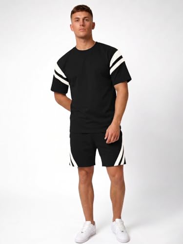Image of CHKOKKO Men's Co-Ord Set Premium Cotton Blend Oversized T-Shirt & Shorts Cord Set with Side Pockets Round Neck Half Sleeves Solid with Contrasting Stripes Summer or Casual Wear