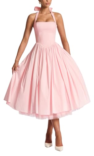 RUNBOO Neckholder Vintage Cocktailkleid Midi-Länge A-Linie Tüll-Unterrock Festliches Abendkleider Retro-Stil 50er Jahre (DE/NL/SE/PL,...