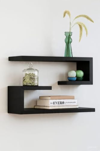 Image of Multifunctional 2 Wall Shelves and Storage Rack | Engineered Wood Painted Book Shelf Multipurpose Home Decor Storage Shelf Display Organizer for Living Room & Bedroom (Black)