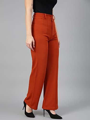 KOTTY Womens High Rise Viscose Rayon Solid Trousers Bright Orange
