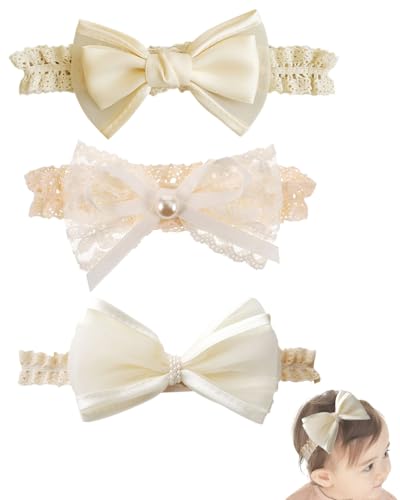 TPZORJX 3PCS Fasce per Capelli Bambina - Fascetta Neonata Battesimo Elastici Grazioso Fiocco in Pizzo Fascia per Capelli Elegante Accessori per bambini Neonati Bambina Accessori Fasce