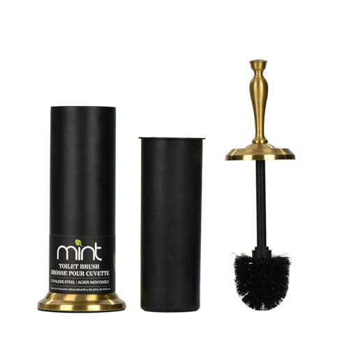 Image of J&V TEXTILES Toilet Brush, Toilet Bowl Brush with Extra Long Handle Durable Bristles Toilet Scrubber and Covered Holder for Toilet Brush Set for Bathroom Cleaning (Matte Black /Aged Brass)