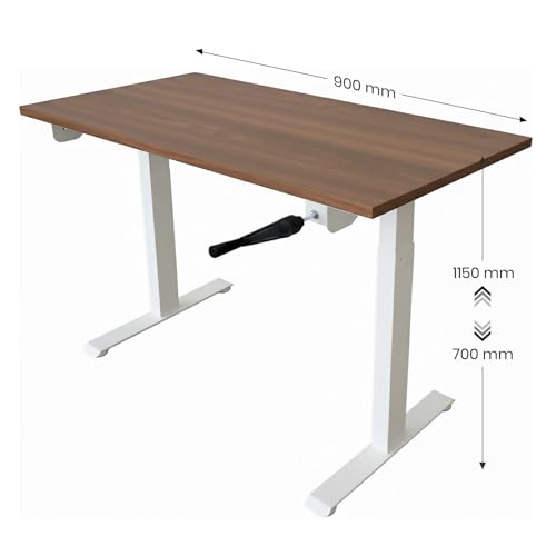 Image of Manual Hand Crank Standing Desk| Non Electric Height Adjustable Sit Stand Table| Ergonomic Workstation with Sturdy Steel| 25mm Walnut Top & White Frame| Supports 60KG Weight| 3 Year Warranty