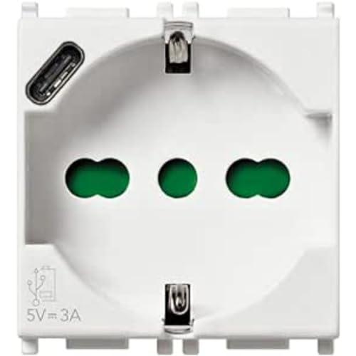 VIMAR 14210.USB Plana presa 2 moduli SICURY 2P+T 16 a 250 V universale standard italiano P40 e uscita USB tipo C 5V e 3 a per la ricarica rapida, bianco