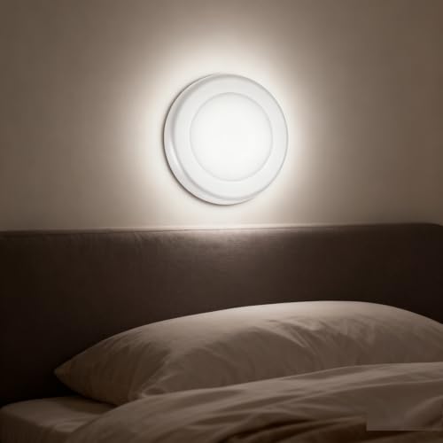 Riloer Luz Nocturna, 6 LED Debajo de la Luz del Gabinete, Luz de Pared con Sensor de Movimiento Inalámbrico PIR para Jardín, Patio, Pasillo, Estantería, Vitrina, Armario (Concha Blanca, Luz Blanca)