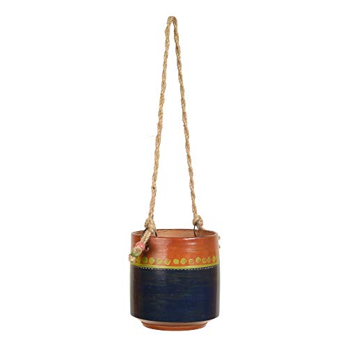 Image of AAKRITI ART CREATIONS Terracotta Hanging Planter | Blue & Brown Earthen Design with Jute Hanger, Modern Art, Matte Finish | Decorative Hanging Pot for Indoor & Outdoor Home Decor