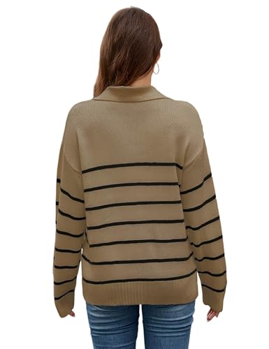 Image of Women's Fall Striped Oversized Sweater Winter Fashion Knit V Neck Pullover Tops Trendy 2024(XL, Brown)