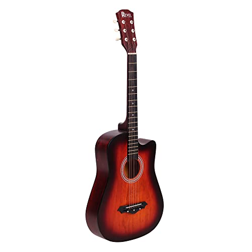 Image of Revel 38 Inch Acoustic Guitar Cutaway Wooden Guitar with High-Gloss Finish, Steel Strings, Smooth Tuning Pegs, Includes Carry Bag, Picks & String Winder for Adults (Sunburst)