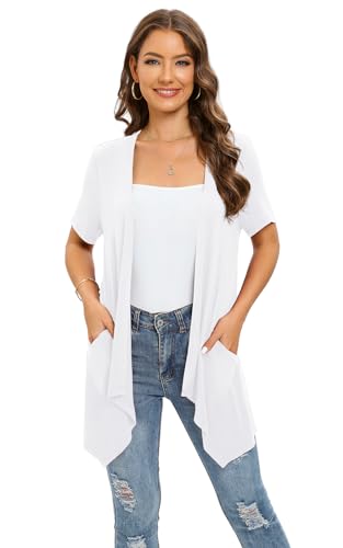 Image of Veryoung Floral Short Sleeve Cardigans for Women Casual Drape Open Front Lightweight Summer Cardigan with Pocket High Low Hem