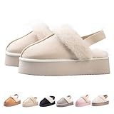 E E EMPTY ENTIRE Women's Platform Slippers, Suede Fuzzy Slippers with Strap Color: Stone Size: 8