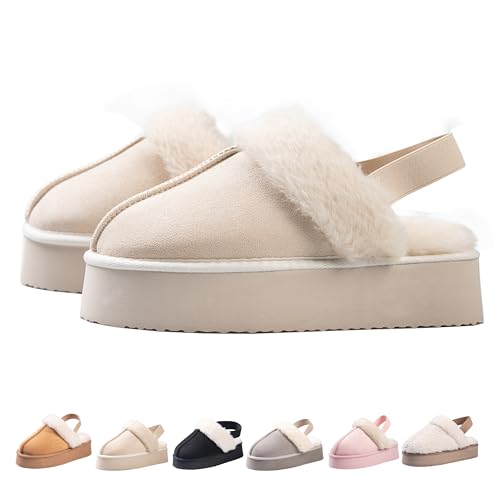 E E EMPTY ENTIRE Women's Platform Slippers, Suede Fuzzy Slippers with Strap Color: Stone Size: 8