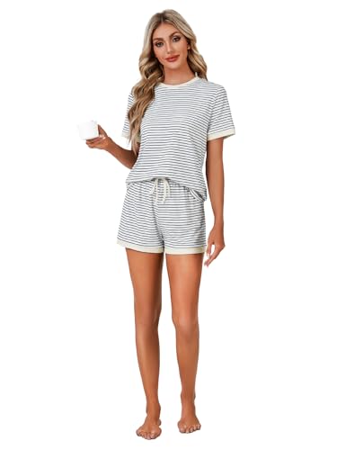 Image of LYANER Pajama Set for Women 2 Piece Lounge Set Striped Crew neck Short Sleeve Tops and Shorts Soft Sleepwear