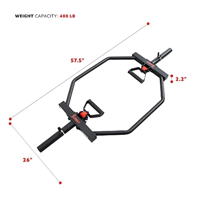Sunny Health & Fitness Strength Training Olympic Hex Bar Barbell, High Load Capacity, Swivel Handles, Safety Clips, Knurled Handles for Deadlifts, Shoulder Presses, Shrugs, Back Rows, Weightlifting
