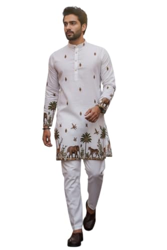 Image of Trustous Men's White Printed Kurta | Stylish Ethnic Wear Kurta for Men | Regular Fit Traditional Kurta | Festive, Wedding, Party & Casual Wear