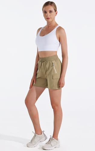 MASKERT Wanderhose Damen Kurz Outdoor Sports Shorts 5'' Laufshort Stretch Sporthose Laufhosen Sommer Kurze Cargohose Wandershorts mit Taschen, Khaki M