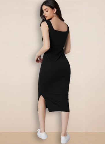 Image of rosery paris Square Neck Sleeveless Black Bodycon Dress for Women and Casual wear