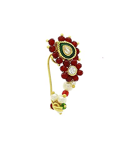 SWAMI Red Colour crystal Traditional Maharashtrian Nath, Clipo-On Nose Ring,Nose Pin Nathiya For Women
