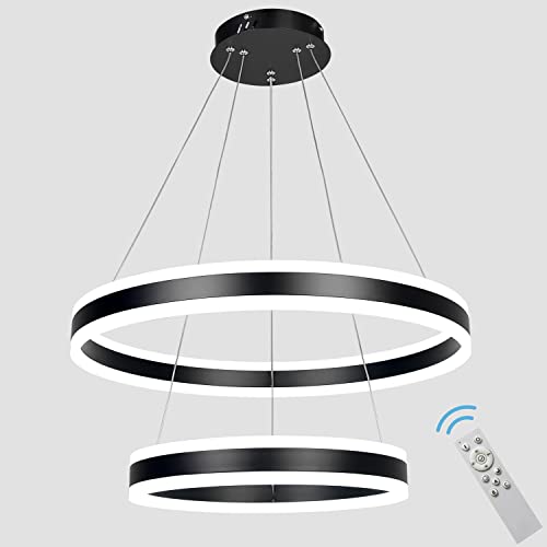 AKEELIGHTING Contemporary Led Chandelier Lighting Black 2 Ring LED Modern Pendant Light Dimmable Chandeliers with Remote Control Bedroom Dining Room