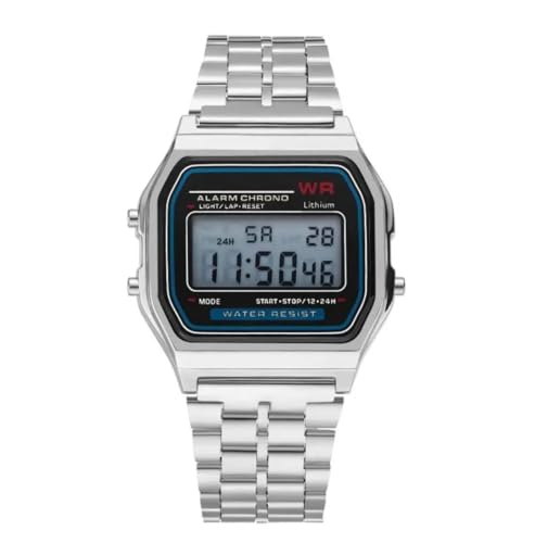 Image of Digital Watch, Silver Stainless Steel, Water Resistant LCD Display, Electronic Alarm Chronograph, 24H Time Format