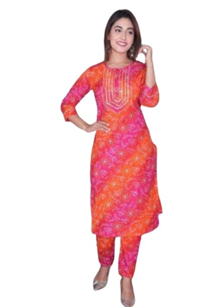 GenericShree RADHEY Outlet Women's Printed Rayon Latest Trend Straight Kurti bandhni Printed Design Stunning Look Kurti with Pants Comfortable Feel (Multicolor)