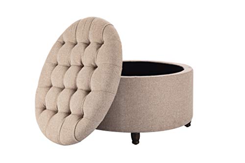 Wovenbyrd Classic 28-Inch Wide Button Tufted Round Storage Ottoman Footstool with Lift Off Lid, Light Brown Fabric