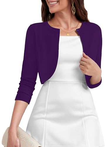 Image of Heymoments Women's Thin Shrugs for Dresses Purple Large Open Front 3 /4 Sleeve Knit Lightweight Crop Cardigan Dressy Cropped Tops Coat Sweater Clothes