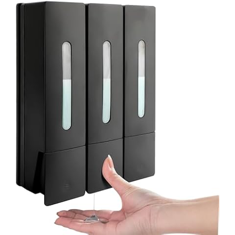 MEKOTRIN Shampoo Conditioner Dispenser 3 Chamber Wall Mounted Shower Soap Dispenser 400ml Trio Shower Gel Shampoo Conditioner for Bathroom Kitchen Hotel Office Hospital (Black) Cover