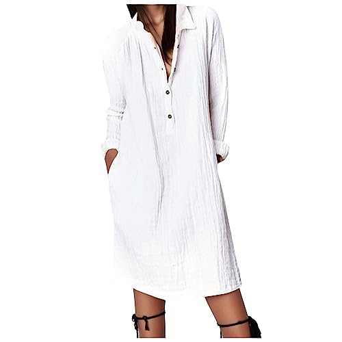 Robe chemise en lin et coton ample à revers pour femmes