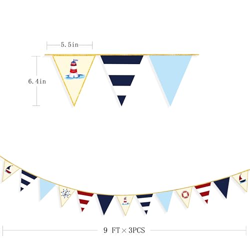 Image of Navy Red Beige Gold Glitter Stamping Paper Pennant Banner Flag Triangle Bunting for Nautical Pirate Ahoy Achor Theme Birthday Baby Shower Wedding Let's Get Nauti Bachelorette Party Decoration Supplies