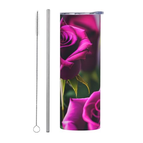 Juego de dos tazas de acero inoxidable con tapa, botella de agua aislada con estampado de rosas moradas, fácil de transportar para cafetería, oficina, coche, deportes