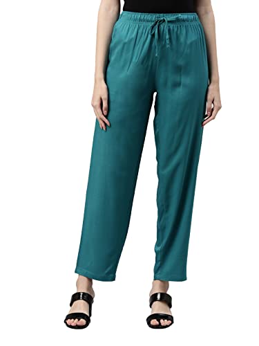 Image of GO COLORS Women Solid Mid Rise Relaxed Fit Viscose Casual Pants
