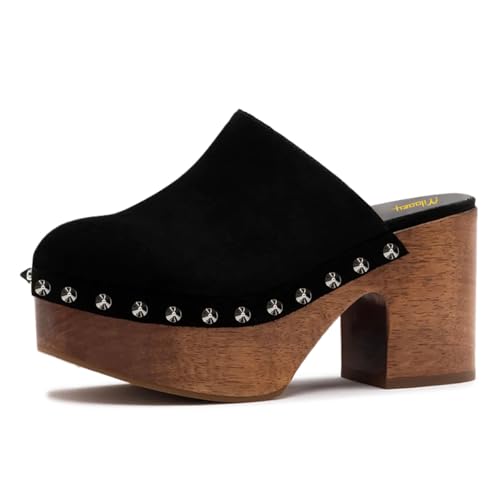 Milooey shoes Women's Round Toe Studded Platform Mules Chunky Block